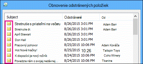 Všetky typy položiek obsahujú tú istú ikonu v priečinku Obnoviteľné položky