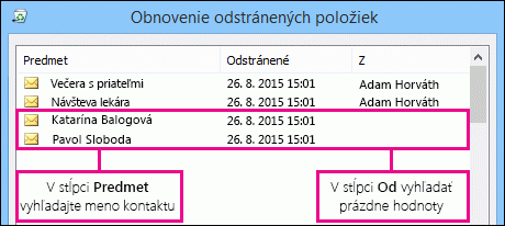 Zoradenie v stĺpci Predmet alebo Od a následné nájdenie kontaktov