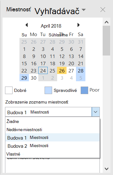 Pomocou vyhľadávača miestností zobrazte konferenčné miestnosti dostupné pre vašu schôdzu.