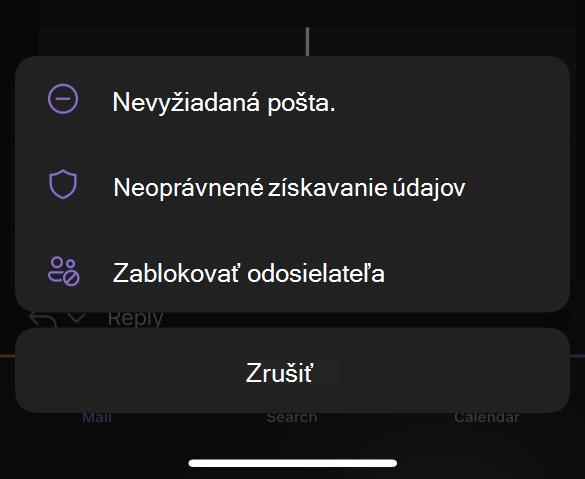 Vedľajšia ponuka Nevyžiadaná pošta pre Outlook Mobile
