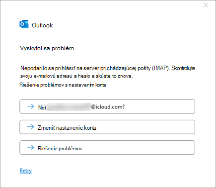 Snímka obrazovky s chybovým hlásením Vyskytol sa problém pri pridávaní konta iCloud