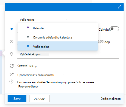 Dialógové okno Nová udalosť s otvoreným zoznamom kalendárov a vybratou možnosťou Vaša rodina.