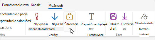 Na paneli s nástrojmi novej pošty sa nachádza tlačidlo Šifrovať, pomocou ktorého môžete vybrať možnosti šifrovania.
