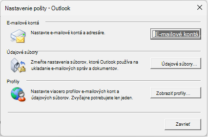 Nastavenie pošty – dialógové okno Outlooku prístupné prostredníctvom nastavení pošty na ovládacom paneli.