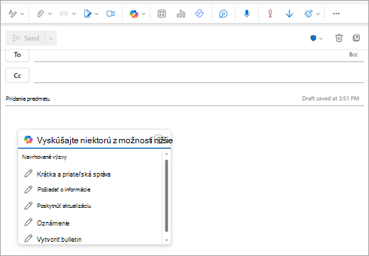 Zobrazuje stránku Nová pošta Outlooku s otvoreným oknom výzvy, kde by ste zvyčajne začali písať e-mail.