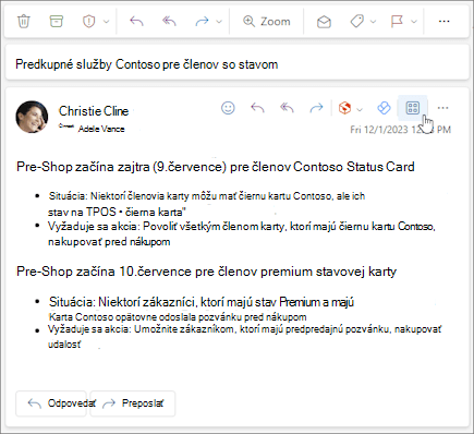 Ikona Aplikácie na paneli s akciami správy v Outlooku na webe a v novom Outlooku pre Windows.