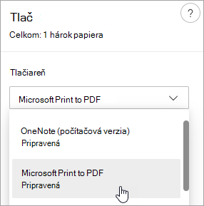 Snímka obrazovky zobrazujúca výber možnosti Microsoft Tlač do PDF