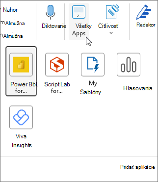 Rozbaľovacia ponuka Všetky aplikácie v Outlooku pre Windows.