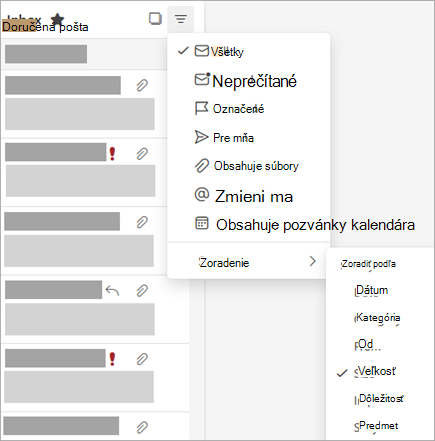 Snímka obrazovky s ponukou Filter a vybratou položkou Spôsob zoradenia