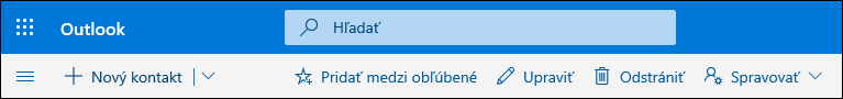 Snímka obrazovky zobrazuje dostupné možnosti na paneli príkazov Ľudia vrátane možností Nový kontakt, Upraviť, Odstrániť, Pridať medzi obľúbené položky a Spravovať.