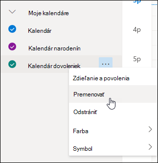 Snímka obrazovky s kontextovou ponukou kalendára s vybratou položkou Premenovať