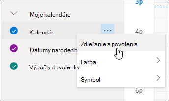 Snímka obrazovky s kurzorom ukazujúcim na Zdieľanie a povolenia v kontextovej ponuke kalendára