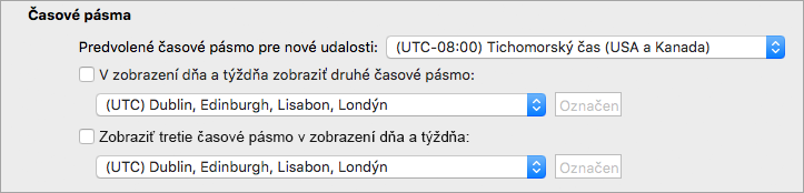 Zobrazuje druhé a tretie časové pásmo v predvoľbách Calendar