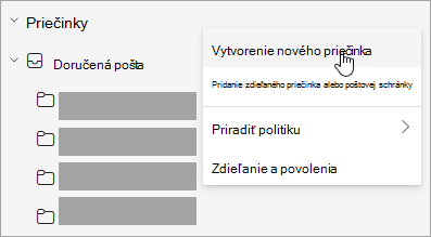 Snímka obrazovky s vybratou položkou Vytvoriť nový priečinok v ponuke Ďalšie možnosti na table Priečinok
