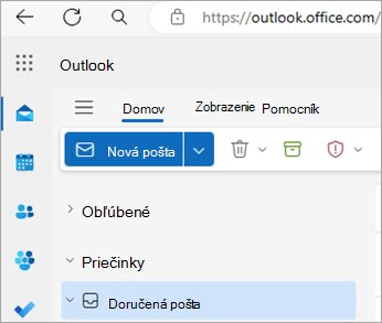 Snímka obrazovky zobrazujúca domovskú stránku Outlooku na webe