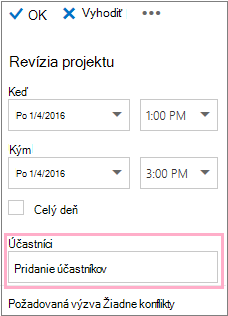Tabla s podrobnosťami zobrazujúca pole Účastníci, ktoré je určené na použitie s položkou Rozvrhový asistent