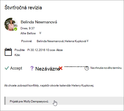 Snímka obrazovky s pozvánku na schôdzu odoslanou do zdieľaného kalendára.