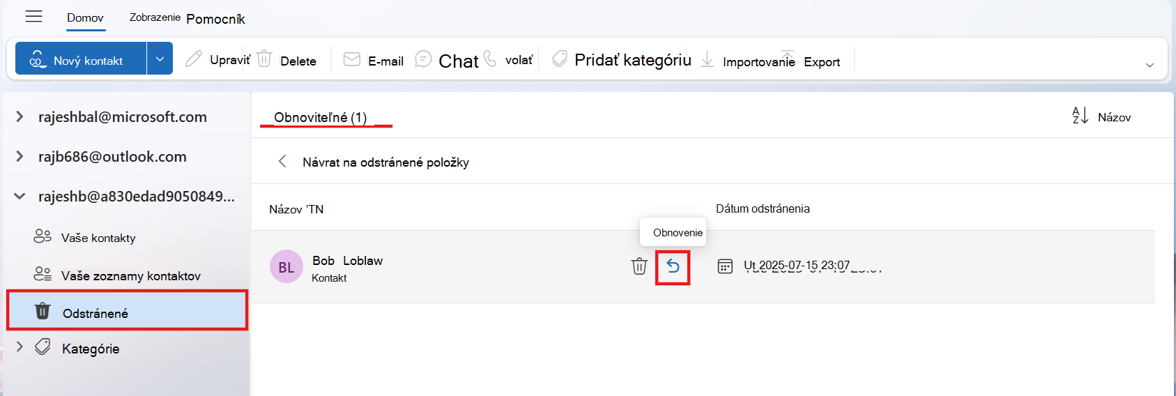 Snímka obrazovky obnoviteľného priečinka, na ktorom sa zobrazuje jeden kontakt so zvýraznenými položkami na ikone obnovenia a zobrazením názvu priečinka, ktorý sa dá obnoviť