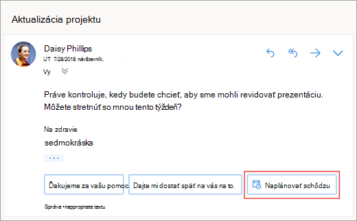 Snímka obrazovky s navrhovanou odpoveďou na naplánovanie schôdze