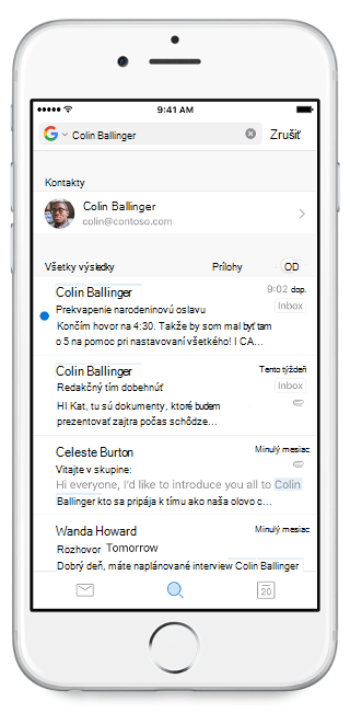 Zobrazuje obrazovku mobilného zariadenia s panelom vyhľadávania v hornej časti a názvom, ktorý ste doň zadali. Výsledky vyhľadávania sa zobrazia pod panelom hľadania.