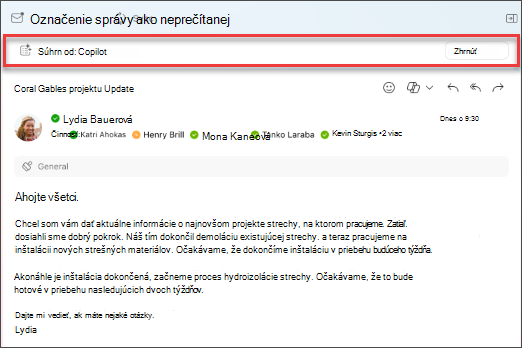 Ak chcete vytvoriť súhrn postupnosti e-mailov, vyberte pre funkciu Copilot súhrn.