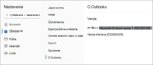 Obrázok s informáciami o novej verzii Outlooku pre Windows so zvýraznenými položkami Všeobecné a Informácie o Outlooku.
