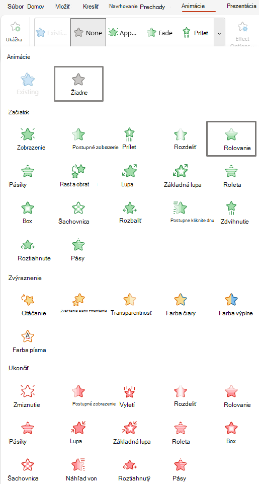 Snímka obrazovky s animáciami dostupnými v PowerPoint pre web.