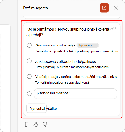 Objasnenie otázok v chate v režime agenta
