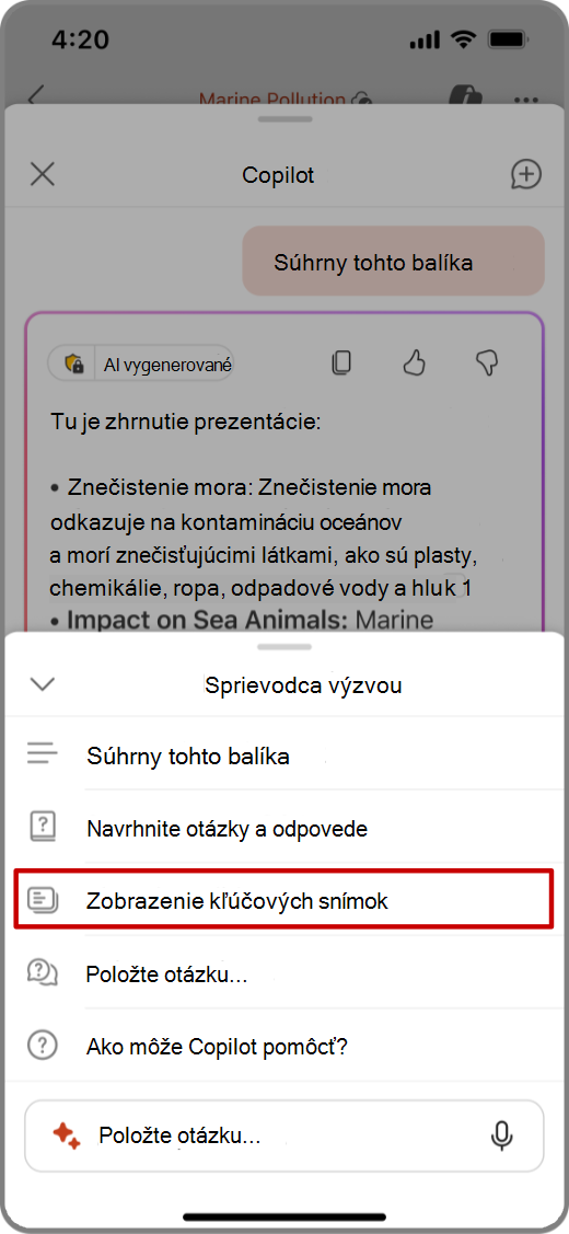 Snímka obrazovky Copilota v PowerPointe v zariadení so systémom iOS s príkazom Zobraz kľúčové snímky