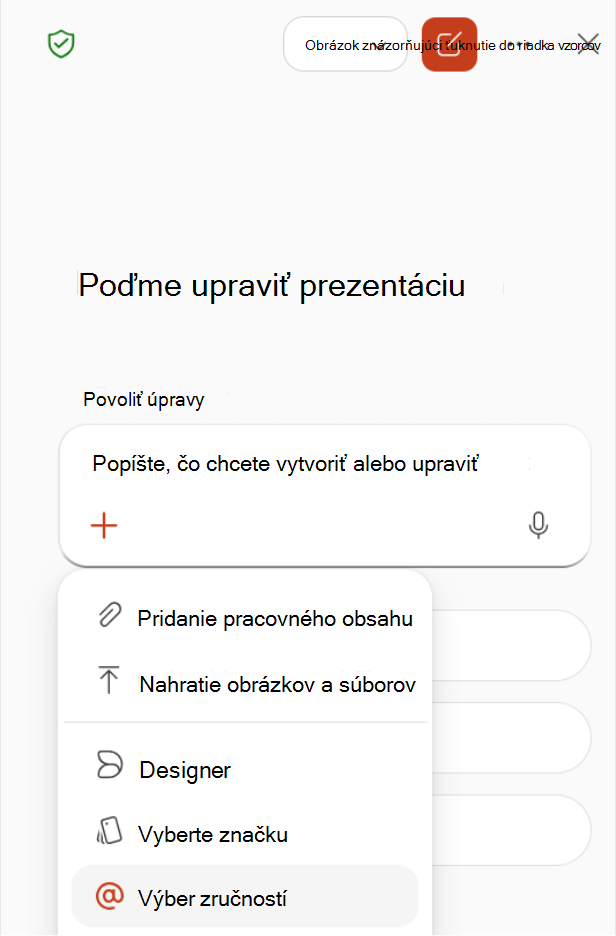 Snímka obrazovky, ktorá znázorňuje výber možnosti Vybrať zručnosti z ponuky plus na table Copilot.