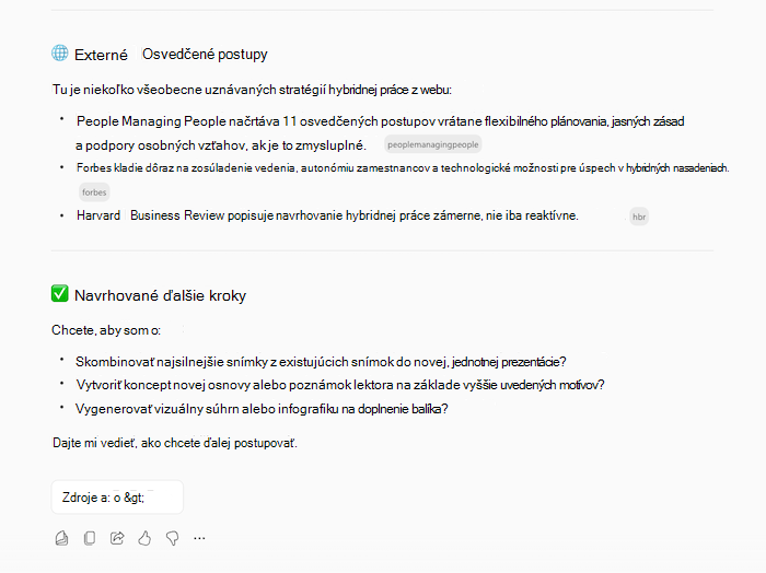 Snímka obrazovky s odpoveďou Copilota na vytvorenie prezentácie zobrazujúca informácie o požadovanej téme a doplňujúce otázky.