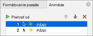 Nastavenie možností animácie na table Vlastnosti
