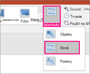 Snímka obrazovky zobrazujúca ponuku Možnosti efektu pre prechod Morfing s vybratou možnosťou Slová.