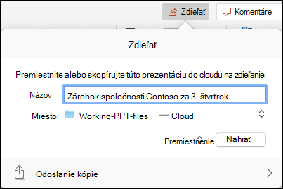 Snímka obrazovky zobrazujúca dialógové okno ponúkajúce nahratie prezentácie do cloudového úložiska spoločnosti Microsoft na bezproblémové zdieľanie.