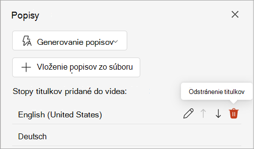 Snímka obrazovky zobrazujúca tlačidlo na odstránenie titulkov pre stopu titulkov na table Titulky.