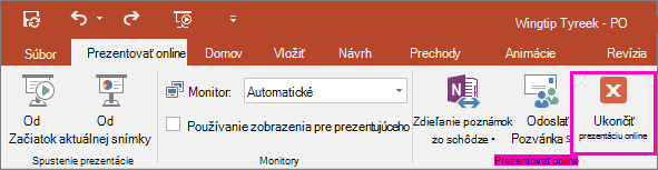 Zobrazí sa tlačidlo Ukončiť prezentáciu online v PowerPointe