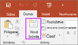 Tlačidlo Nová snímka na karte Domov na páse s nástrojmi v PowerPointe