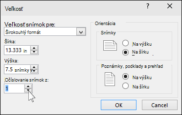 Dialógové okno s veľkosťou snímky v PowerPointe