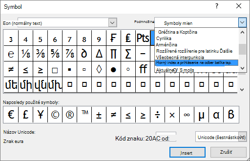 Podmnožina dolných a horných indexov v dialógovom okne Symbol v PowerPointe