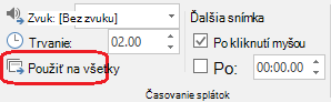 Príkaz Použiť na všetky na karte Prechody v PowerPointe