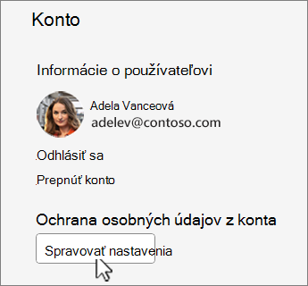 Dialógové okno konta so zvýrazneným tlačidlom Spravovať nastavenia.