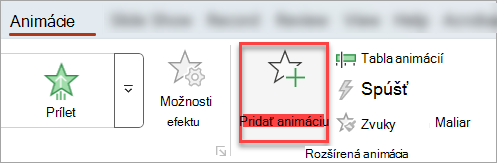 Tlačidlo Pridať animáciu na karte Animácie.
