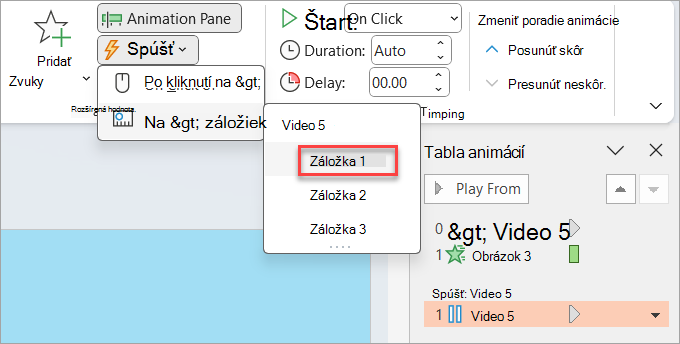 Kde nastaviť spúšťač animácie. v tomto prípade po dosiahnutí záložky vo videu.