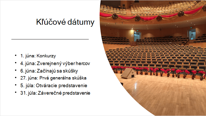 Vzorová snímka s textovou časovou osou a fotografiou, ktorú usporiadali a rozložili návrhy vzhľadu.