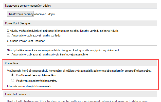 Snímka obrazovky zobrazujúca možnosti moderných komentárov