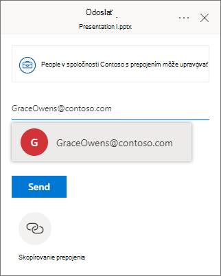Snímka obrazovky zobrazujúca zadávanie mien osôb, s ktorými chcete zdieľať prepojenie
