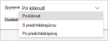 Selektor rozbaľovacieho zoznamu Spustiť pri použití animácie v PowerPointe pre web.