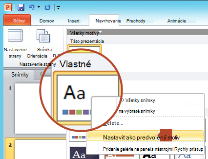 Kliknite pravým tlačidlom myši na nový motív uvedený pod nadpisom Vlastné a potom vyberte položku Nastaviť ako predvolený motív.
