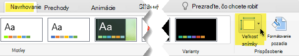 Tlačidlo Veľkosť snímky sa nachádza úplne vpravo na karte Návrh na paneli s nástrojmi