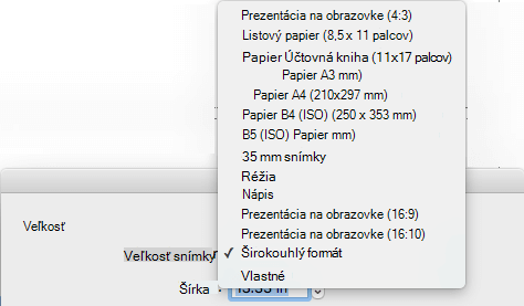 Existuje niekoľko preddefinovaných možností veľkosti snímky v dialógovom okne Nastavenie strany